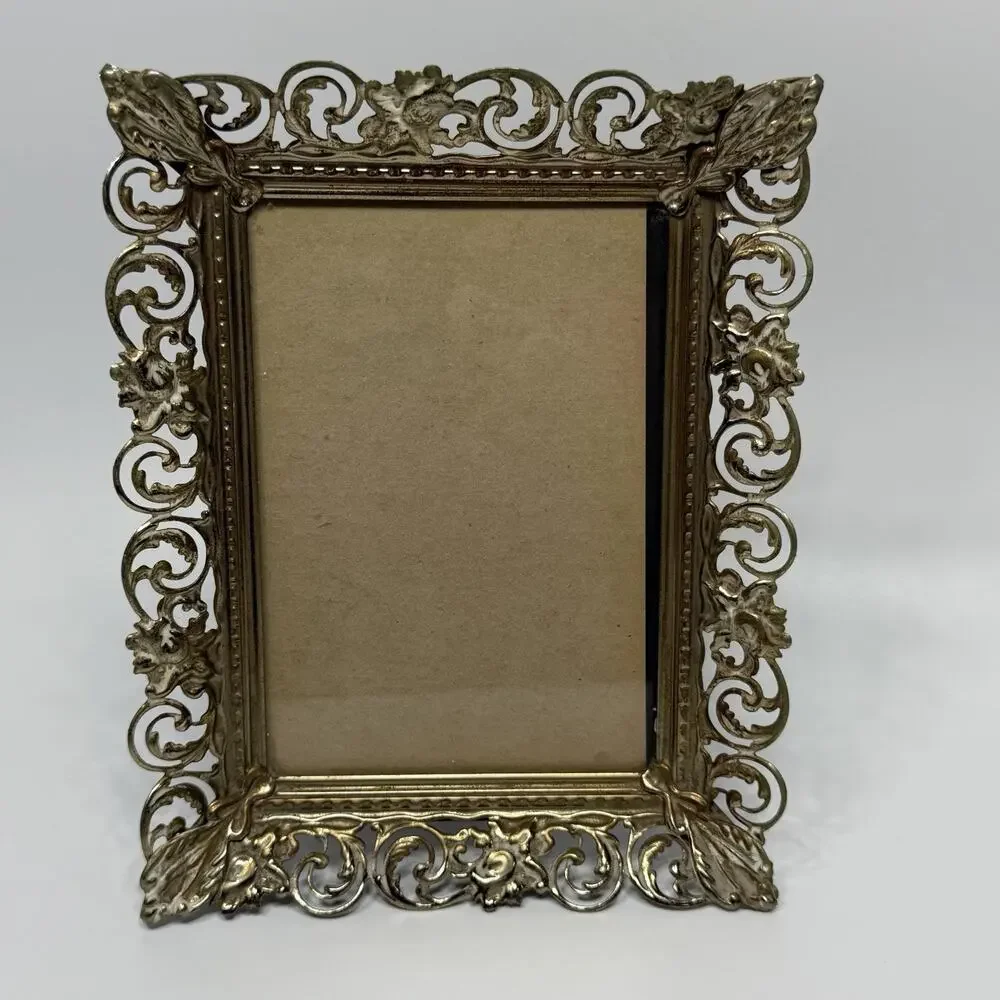 Vtg Brass Gold White Filigree Picture Photo Frame 5x7 Metal Ornate Regency